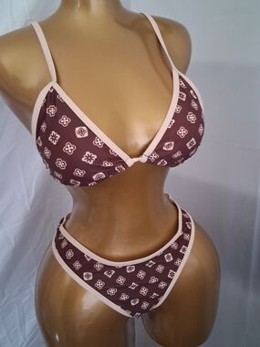 Brown Floral Print Bikini Set with Cream Trim